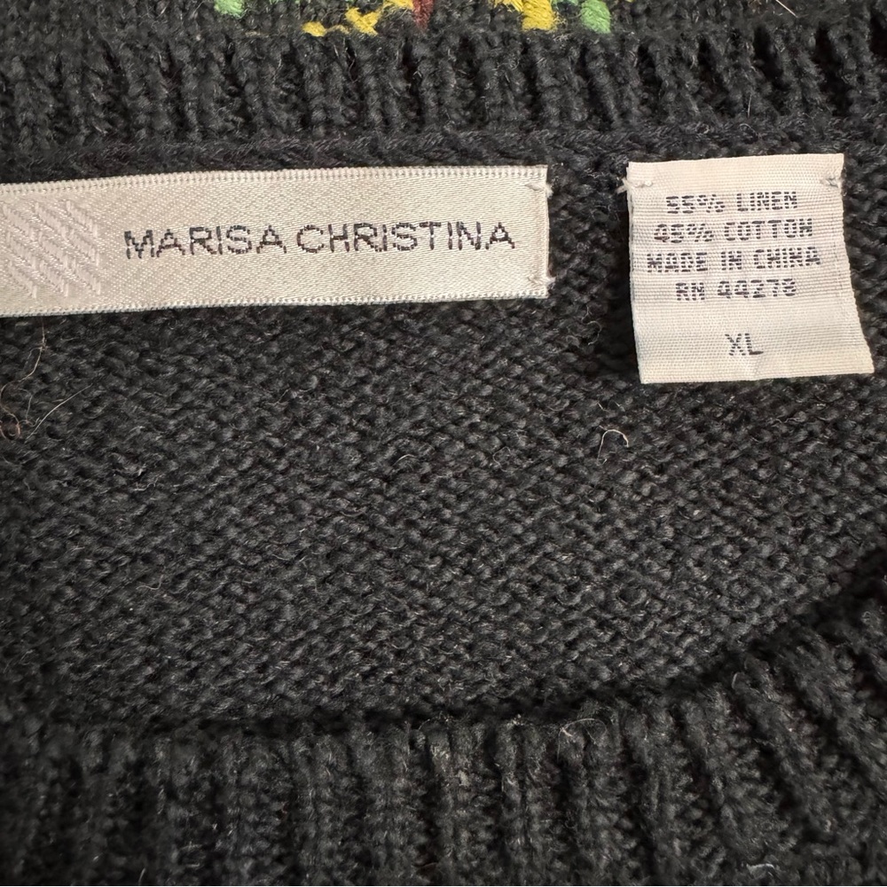 SOLD Marisa Christina VTG Linen Blend Embroidered Floral Sweater XL Black Multi - Picture 4 of 5